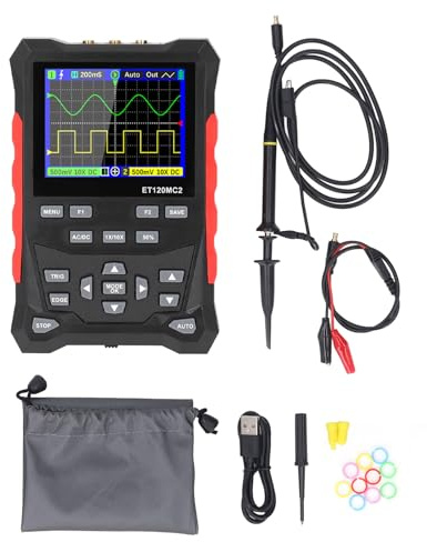 Oscilloscope numérique 2 canaux, bande pasnte 120 MHz, fréquence d'échantillonnage 500 M/s, kit d'oscilloscope portable avec sonde 10X pour ingénieurs en électronique et amateurs