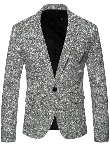 Generisch Giacca da uomo con paillette, oro glitterato, stampa 3D, slim fit, giacca da uomo, lucida, per feste, abbigliamento formale