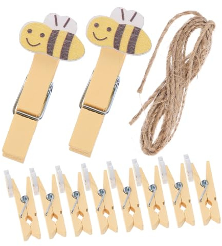NUOBESTY Lot de 20 Pinces à Photos en Bois Multifonctions 4 Cm avec Corde De Jute, Clips Photo Réutilisables, Décoratives D’Abeille Cartoon, pour Décoration Murale Et Loisirs Créatifs
