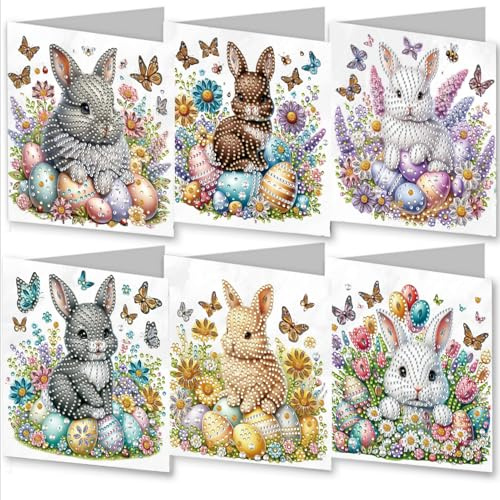 Diamond Painting Ostern Karten, 6 Stück Osterhase Diamond Painting Osterkarten mit Umschlag Osterdeko Ostereier Diamont Pain-ting Frühling Grußkarten Diamant Malerei Geburtstagskarten für DIY (B)