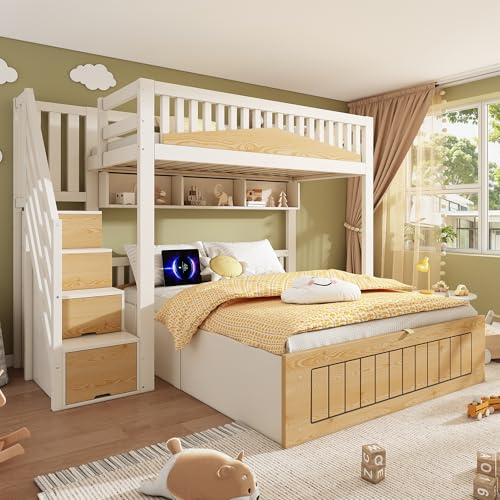 Merax Double Bunk Bed,Children's triple sleeper Bunk beds,with Storage Stair&Shelf&under Hydraulic Storage&USB Charging&Fall Protection and Railings, White&Natural(90+135) x190cm