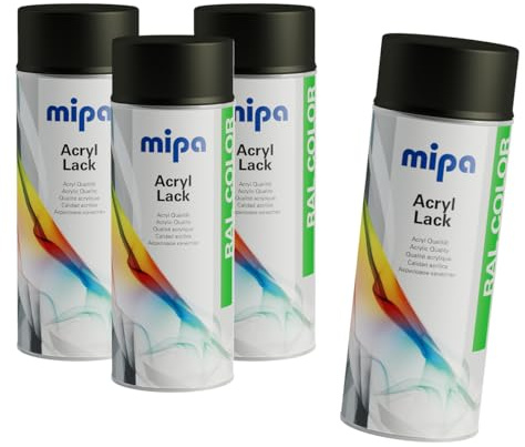 MIPA Lack Spray RAL 9005 Schwarz Seidenmatt 4er Set (3+1 Gratis) | Schnelltrocknender Farblack für Auto,Möbel,Motorrad,Metall - 3+1 Set für DIY-Projekte mit hoher Deckkraft und Sprühbild