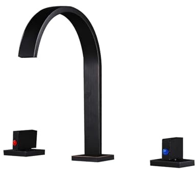 ISCBAFYX Lavandino da Bagno Quadrato con Montaggio su appoggio in Ottone Cromato Lucido, con Doppia Maniglia, Rubinetto per Acqua Calda e Fredda a 3 Fori (Nero Opaco)