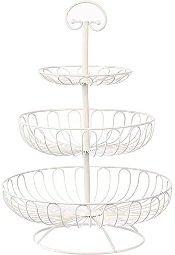 Juvale Obst-Etagere 3-Stöckig aus Metall mit Griff, Dekorativer Obstkorb, Weiß, 46 cm hoch