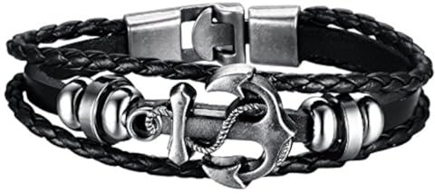 Hanessa Bracelet surfeur en cuir noir ancre pour homme - Bijoux en acier inoxydable - Cadeau de Noël pour un ami/un homme, 23.5 centimeters, Cuir, Sans pierre., 23.5 centimeters, Cuir, Sans pierre.