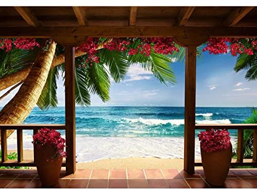 Runa Art Fototapete Strand und Meer Palmen 352 x 250 cm Vlies Tapeten XXL Moderne Wandtapete Wohnzimmer Schlafzimmer Blau Braun Rot 9114011c