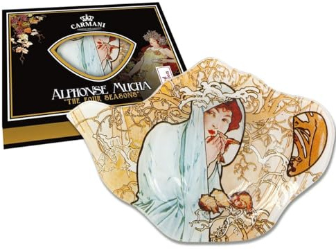 CARMANI - Elegant Glass Tea Bag Holder Dish in Teapot Shape with 'Four Season Winter' by Alphonse Mucha
