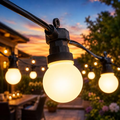 Festive Lights ConnectPro® 10m / 33ft Connectable Outdoor Garden LED Festoon Lights, Warm White Frosted Bulbs, Commercial Grade String Lighting, IP65 Waterproof, Black Rubber Cable, Without Plug