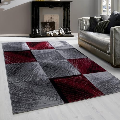 Teppium Moderner Kurzflor Teppich Wohnzimmer 120 x 170 cm Rot - Flauschiger Teppich Waschbar, Kariert Design, Pflegeleicht, Weich - Ideal für Schlafzimmer, Esszimer und als Küchenteppich