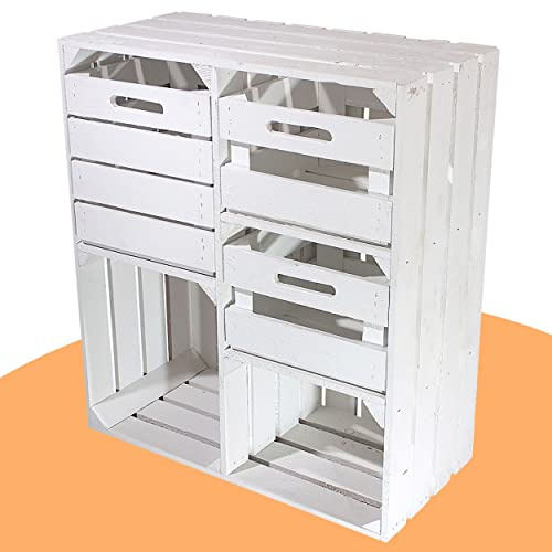 Weißer Holzschrank mit 3 Schubladen 77cm x 68cm x 35cm Regalsystem Vintage Massive Obstkisten Landhausmöbel Bücherregal Schuhregal Regalkisten Dekoration Weinkiste universell