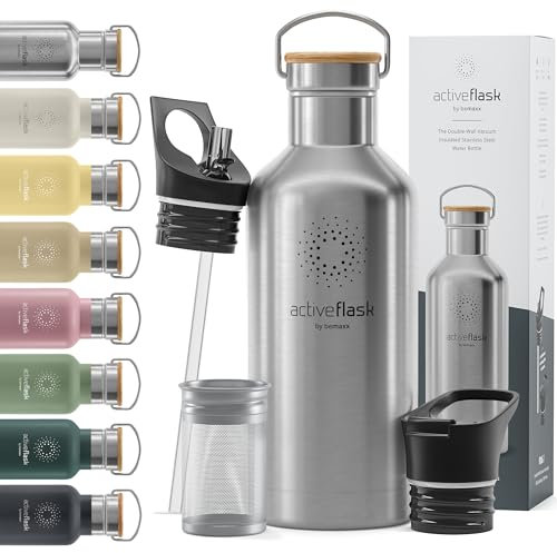 Trinkflasche Edelstahl mit Strohhalm, Infuser + 3 Deckel: BPA-frei, Auslaufsicher, Kohlensäure geeignet - Wasserflasche Fahrrad Thermosflasche Isoliert Isolierflasche Sport Wasser Flasche Kinder Tee