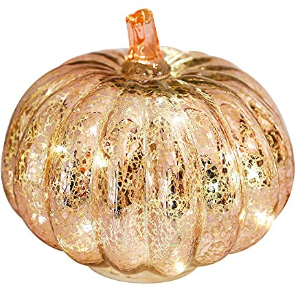Romingo Mercury Glass Pumpkin Light with Timer for Halloween Pumpkin Decorations Fall and Thanksgiving Decor,Rose Gold, 5.5 inches