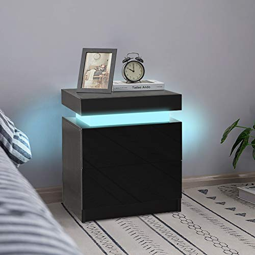 LEMROE Bedside Table with 2 Drawers Black, High Gloss Fronts & Adjustable 7 Colors Lights, Bedroom Filp Top LED Cabinet, Modern Nightstand for Home Living Room