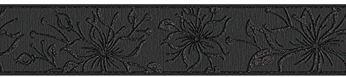 Glitzer Tapetenbordüre in Schwarz | Selbstklebende Tapeten Bordüre mit Blumen | Florale Tapetenborte ideal für Wohnzimmer und Flur