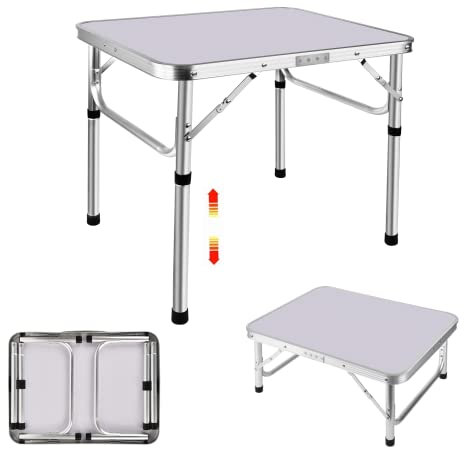 Qimu Tragbarer Klapptisch, 60 cm, zusammenklappbar, aus Aluminium, leicht, verstellbar, für Garten, Picknicktisch, 2 verstellbare Höhen 26/56 cm