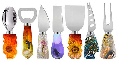 RESIN GO 7PCs Safety Stainless Steel Tableware Set Accessories(Fork, Knife, Cutlery Shovel, Spatula, Serrated Knife, Bottle Opener, Spoon) for Modern Cutlery Handles Epoxy Resin Silicone Mold