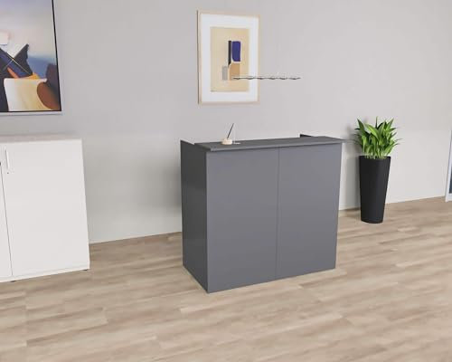 goodsforbusiness Verkaufstheke rollbar Holz B:118 x H:113,5cm x T:68cm Empfangstheke 3 große offene Fächer, erweiterbares Thekenelement (Anthrazit)