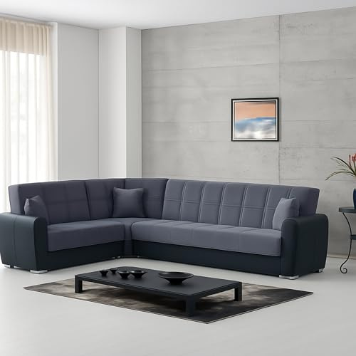 Dmora Sofa mit Ottomane Matias 305x238 cm Schwarz, Stauraum