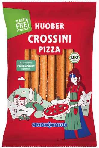 Huober Crossini Pizza, Bio Gebäckstangen mit klassischen Pizzagewürzen, locker und herzhaft, plastikfrei verpackt, 100 g