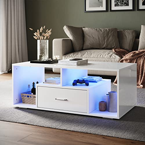 SONNI Couchtisch mit Schublade LED (16 Farben) Ablagefach 100×55×40cm Weiß | Kaffeetisch, Hochglanz, Verstellbare Leuchten, Sofatisch, Beistelltisch für Schlafzimmer, Wohnzimmer
