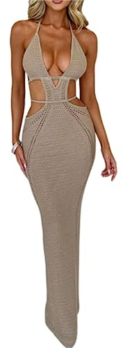 Women Sexy Crochet Maxi Dress Cut Out Halter V Neck Backless Knit Bodycon Long Dress Summer Beach Evening Party Dresses Khaki