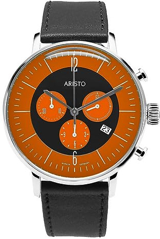 Aristo Bauhaus Herren Uhr Chronograph 4H237 - Zeitlose Eleganz im funktionalen Design - orangefarbene Schwarze Zifferblatt - poliertes Edelstahlgehäuse Ø 44mm - Lederarmband – Made in Germany