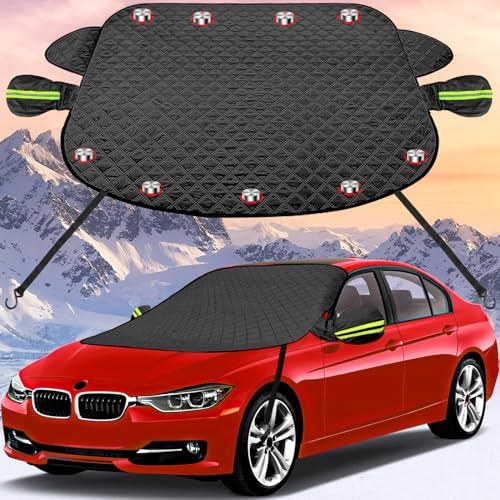 Car Windshield Snow Cover for Ice with Magnetic Edges, Windscreen Frost Protector with 5 Layers Protection,Elastic Straps Hooks,Side Mirrors Cover, Winter Frost Ice Guard for Car SUV CRV Trucks,Black