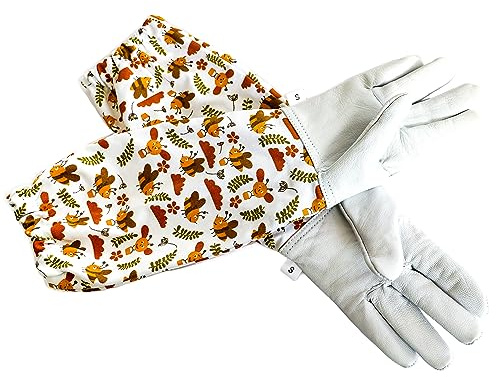 FOREST BEEKEEPING SUPPLY - Kids Goatskin Leather Gloves for children Hand- Arm protection With Honey Bee Printed Long Sleeve (Large)