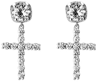 JINAO Cross Hoop Dangle Earrings 14K Gold Plated 5A+ Cubic Zirconia Cartilage Hypoallergenic Sterling Silver Cross Dangle Drop Earrings For Men Women-Big Silver