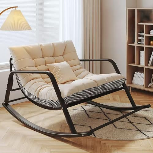 Doppelt Komfortabel Schlafzimmer Schaukelstuhl mit Gepolstert, Atmungsaktiv Wohnzimmer Rocking Chair Mit Armlehnen, Draussen Gartenliege, Modern relaxsessel, Ergonomiestuhl ( Color : Off-white plaid+b
