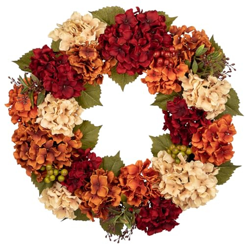 Hollyone 61 cm Künstliche Hortensienkranz Herbst Dekoration Kranz, Falsche Blumen Türkranz, Faux Beige Rot Orange Hortensien Kranz Deko für Haustür, Mantel, Wand, Bauernhof Dekor
