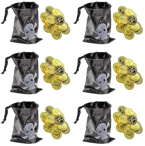 PartyPack Piraten Goldmünzen Schatzbeutel Set - 12x Piraten Party Set, Kindergeburtstag Spiele Gastgeschenke Mitgebsel Give-Away, Mitbringsel, Adventskalender, Schultüten füllung