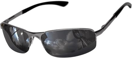 Rennec Sonnenbrille Herren Schmal Oval Schwarz Getönt UV400 Edelstahl Halbrahmen Bügel mit Federscharniere Brillenbeutel und Hardcase