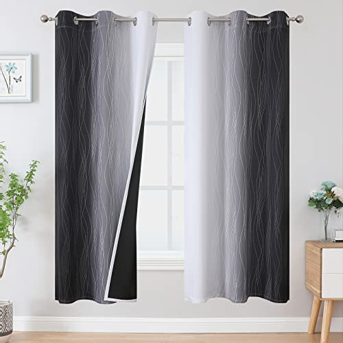 VEHEDE Ombre Farbverlauf Schwarz und Weiß Verdunklungsvorhänge Gardinen mit Ösen Wohnzimmer 183 cm Hoch, Vorhänge Blickdicht Thermogardine Kälteschutz warm Hitzeschutz, H 183 x B 107 cm, 2er Set