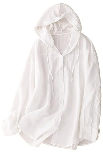 Sudadera con Capucha para Mujer de Algodón y Lino, Cuello Redondo con Botones, Color Sólido, Camisa Lino Protectora Solar para Verano en Multicolores