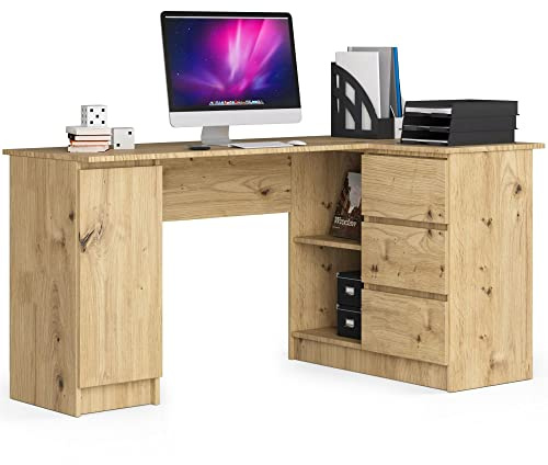AKORD Eck-Schreibtisch B-20 mit 3 Schubladen, 2 Ablagen und einem Regalfach mit Tür | Schreibtisch | Eck Schreibtisch für Home Office | B155 x H77 x T85, 60 kg | Kunsthandwerkliche Eiche