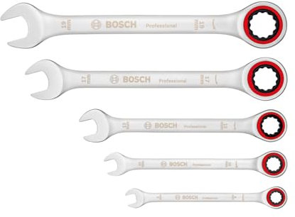 Bosch Professional set de clés mixtes à cliquet (5 pièces, tailles standard 8 mm-19 mm, acier chrome vanadium, dans trousse pliante en toile)