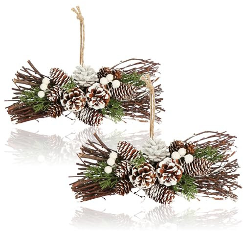 com-four® 2X Arreglo navideño - Conos, Ramas y Bayas Brillantes - arreglo Floral Hecho a Mano como decoración Colgante de Invierno para Ventanas y Puertas (2 Piezas - arreglo)