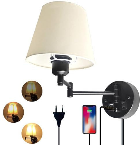 AFSEMOS Wandlampe mit Schalter und Stecker,Dimmbar Wandleuchte mit Stecker und Zwei USB-Ladeanschlüsse,Schwarze Wandleuchte Schlafzimmer Lampenschirm aus Weißem Stoff(Glühbirnen Nicht Inbegriffen)