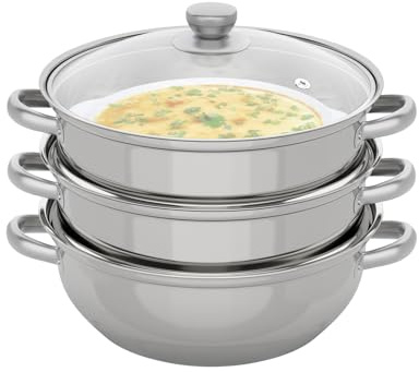 3 Tier Steamer, 28cm Stainless Steel Food Steamer with Vented Glass Lid for Gas Stove, Induction Hob, Electric Furnaces & Ceramic Stoves (Silver, 3 Tier - 28cm)