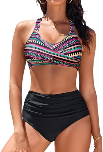 heekpek Costume Donna Due Pezzi Vita Alta Bikini Mare Costumi da Bagno Donna Curvy Push Up Imbottito Scollo a V Crociato Davanti Swimsuit, C, XL
