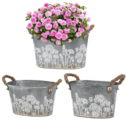 JUJOYBD Übertöpfe 3er Set Verzinktes Metall Blumenmotiv, 19/22,5/26 cm | Deko Zinkwanne mit Jutegriffen für Sukkulenten Kräuter Zimmerpflanzen, Pflanzgefäße Blumentopf ohne Löcher für Innen & Außen