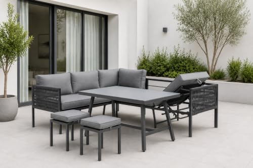 Gardissimo Aruba Dining Eck Lounge Set 3 in 1 Gartenlounge mit Ecksofa | Flexibel stellbar, Verstellbares Kopfteil, Esstisch, 2 Hocker & Kissen, Wetterfest bis 9 Personen