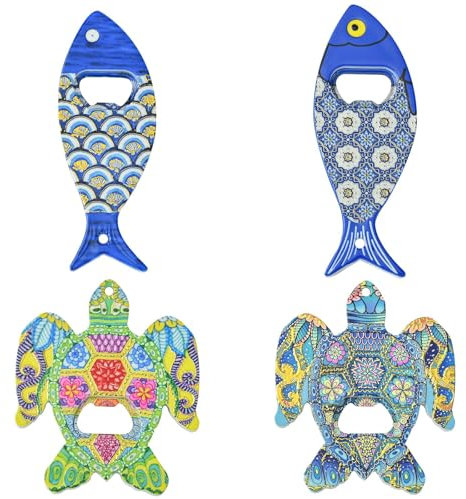 Ipotkitt 4 apribottiglie in plastica a tema animali oceanici a tema pesce e tartaruga, decorazioni per frigorifero, decorazioni per mare, spiaggia, per aprire bevande, casa, campeggio
