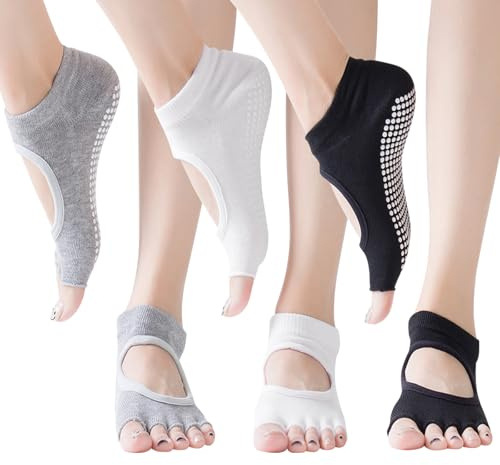 TYXHXTF 3 Paar Socken für Damen, Rutschfeste Zehenlos Zehensocken, Atmungsaktiv Socken für Yoga Pilates Fitness Ballett Tanz Workout Kickboxing, Schwarz Grau Weiß