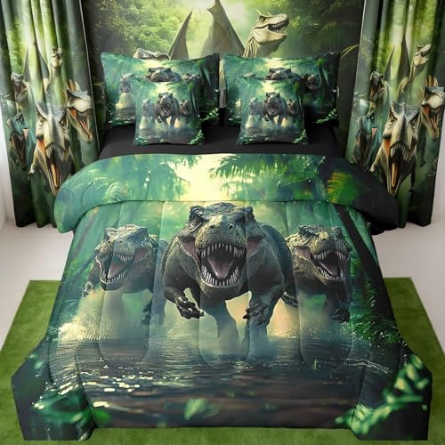 Cartoon Dinosaur Bed Set Includes Comforter, Sheet Set, Pillowcases & Pillow Covers Twin 3D Dino Print 7 Piece Bedding Set Decor Jungle Dino Comforter Set Soft Microfiber Wild Animal Bedroom Decor