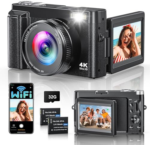 4K 64MP Digitalkamera mit WLAN, 16X Digitalzoom, 180° Flip Screen Autofokus Vlogging Fotoapparat mit Selfie, WiFi Kompaktkamera mit 32GB Karte 2 Batterien für Anfänger