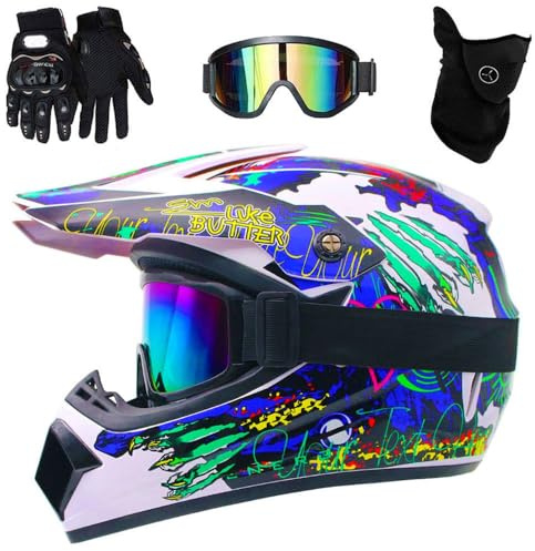 Casco Integrale da Moto Fuoristrada Per Bambini, con Occhiali, Maschera E Guanti, Per MTB, BMX, Downhill, Quad, Enduro E Cross, Omologato DOT(Style 4,L(56-57cm))