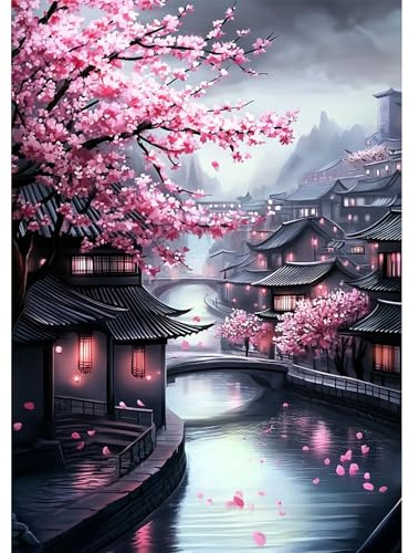 NEWENMO Chinesische Architektur Diamond Painting Full Drill,5D Kirschblüte Diamant Painting Bilder 30x40cm,Diamant Malerei Erwachsene Set,DIY Diamond-Painting Kit,für Schlafzimmer Wohndekoration