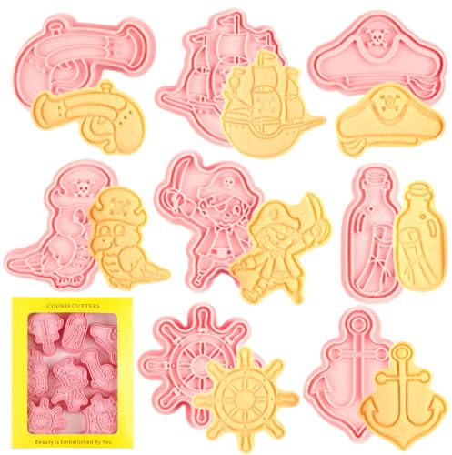 Juego de 8 cortadores de galletas piratas | Con barco pirata, capitán y ancla para galletas, fondant y fiestas piratas